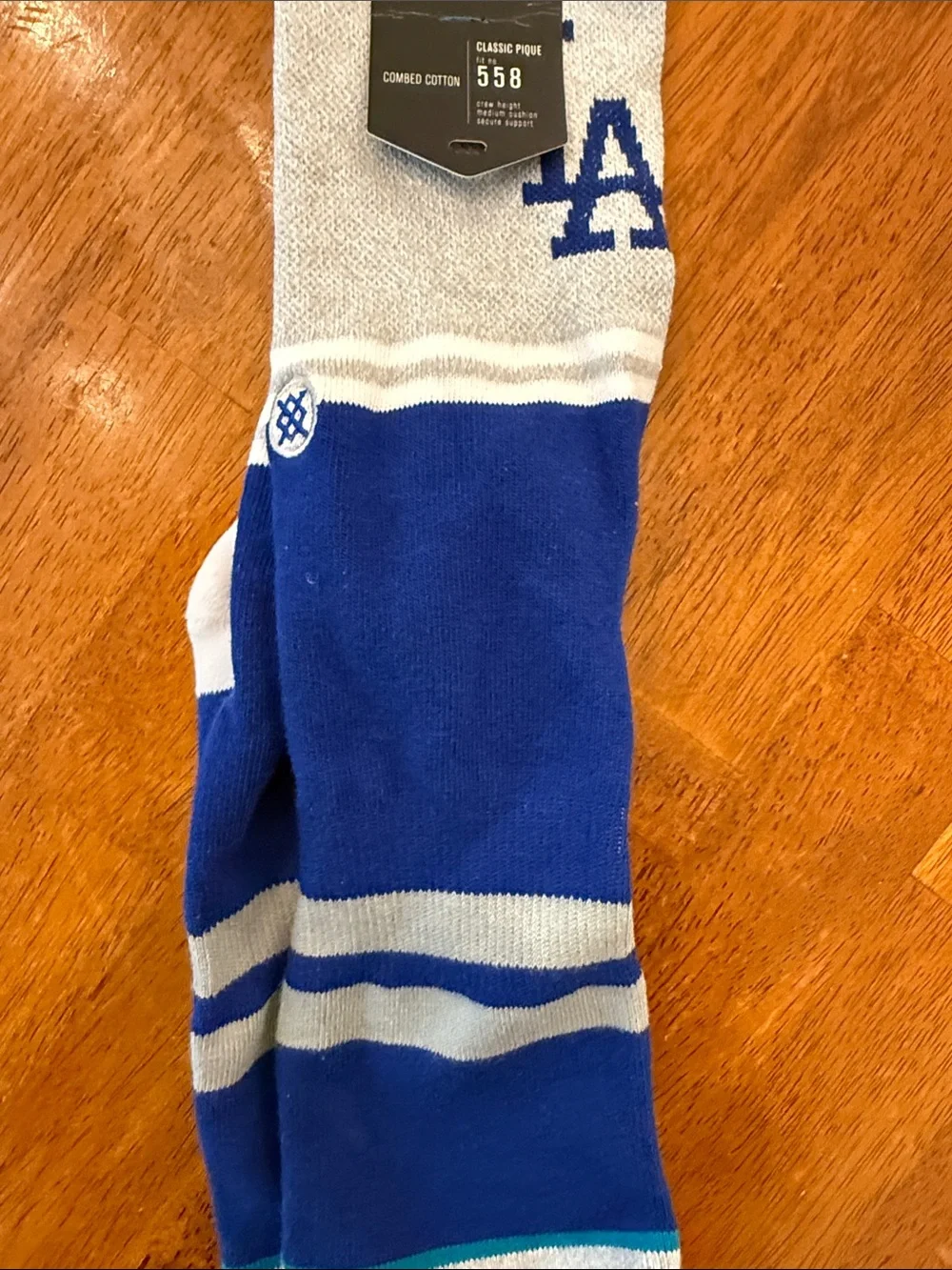 LA Logo Blue and Gray Athletic Crew Socks large